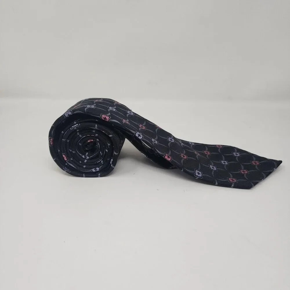 John W. Nordstrom Tie Mens One Size Black Silk Geometric Floral Made In USA